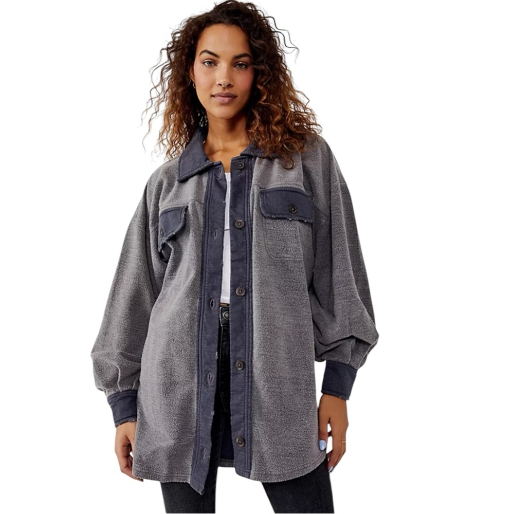 Free People Washed Black Ruby Jacket Shirt Shacket Distressed‎ Oversized Small